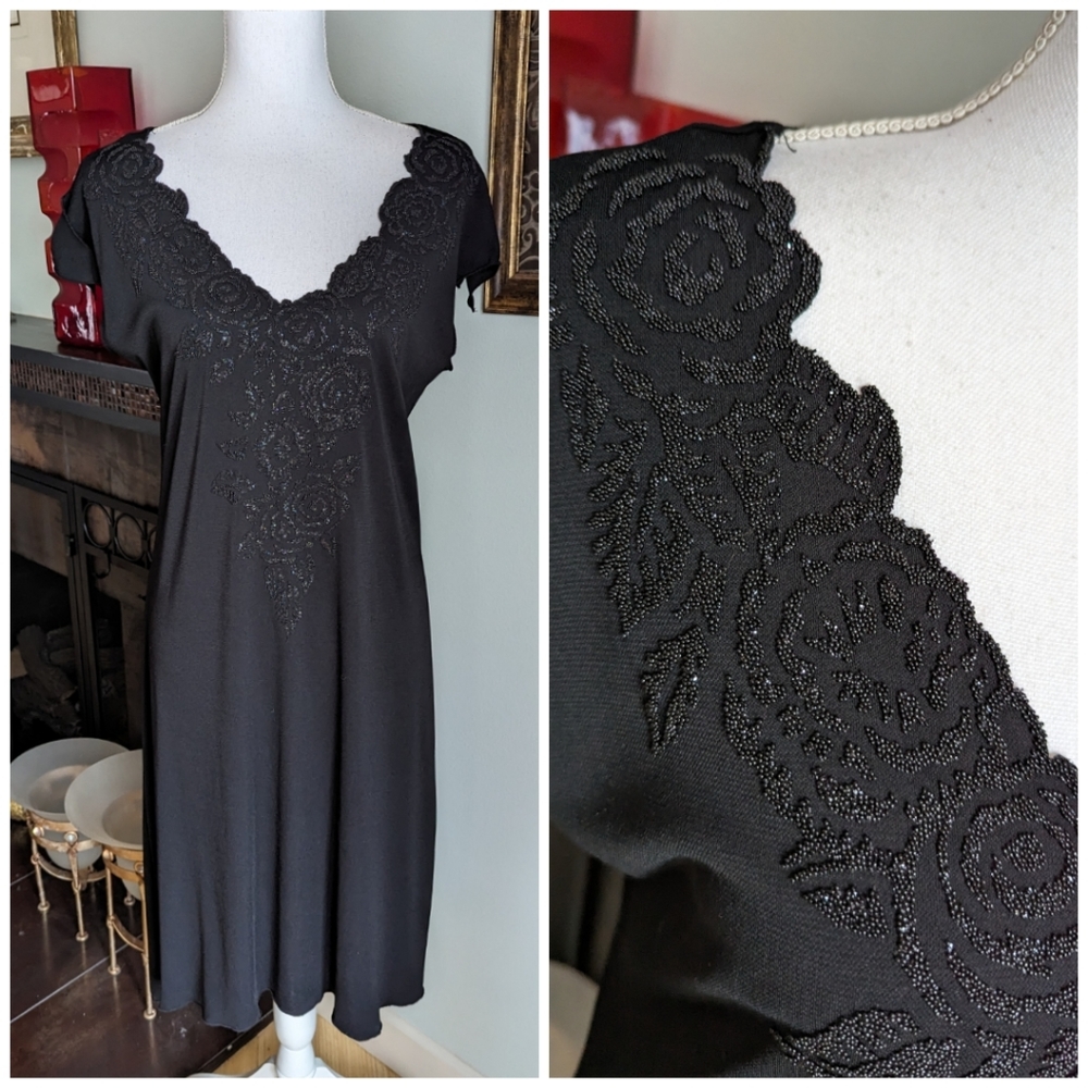 90s Y2K Witchy Goth Floral Bead Applique Neckline Midi Dress Size Large 174